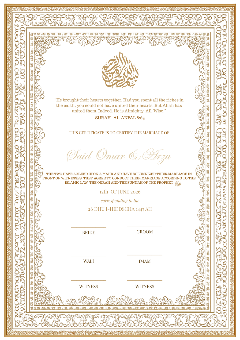 Noor – Premium Nikkah Zertifikat Set | Personalisiert für islamische Hochzeiten