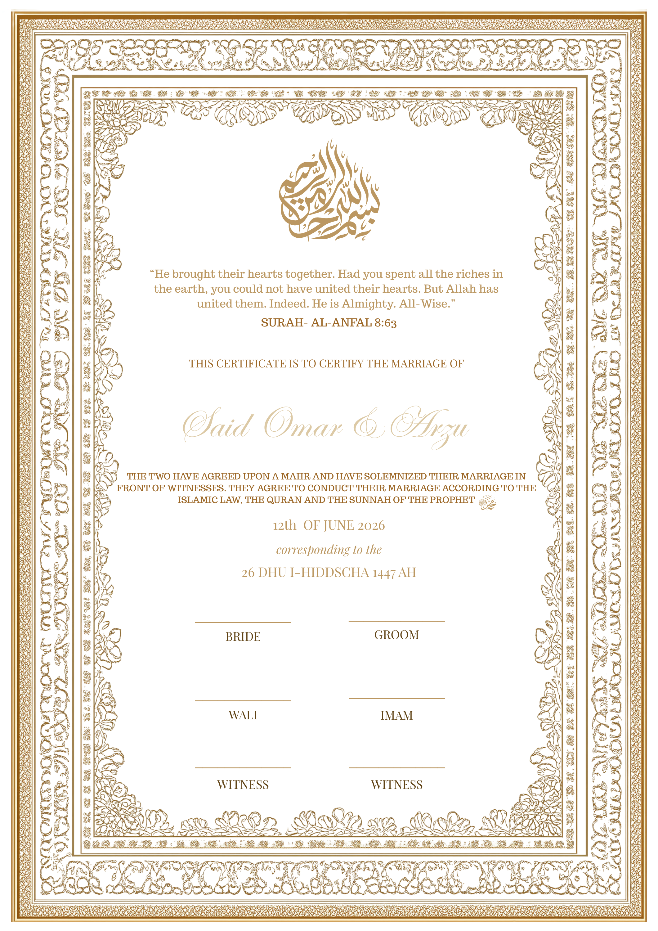 Noor – Premium Nikkah Zertifikat Set | Personalisiert für islamische Hochzeiten