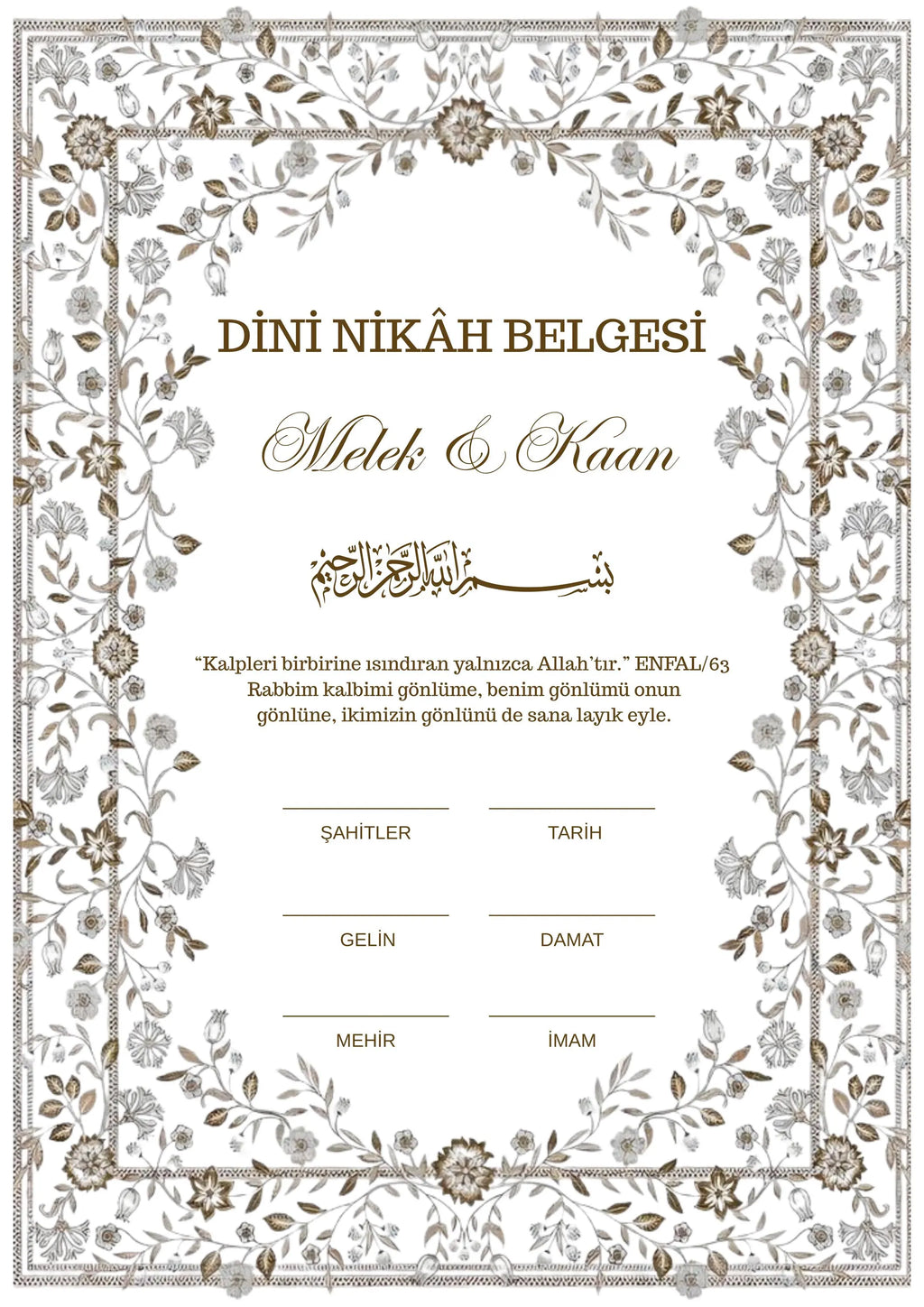 Personalisierte Dini Nikâh Belgesi | Luxus Nikah Zertifikat | Türkische Islamische Heiratsurkude