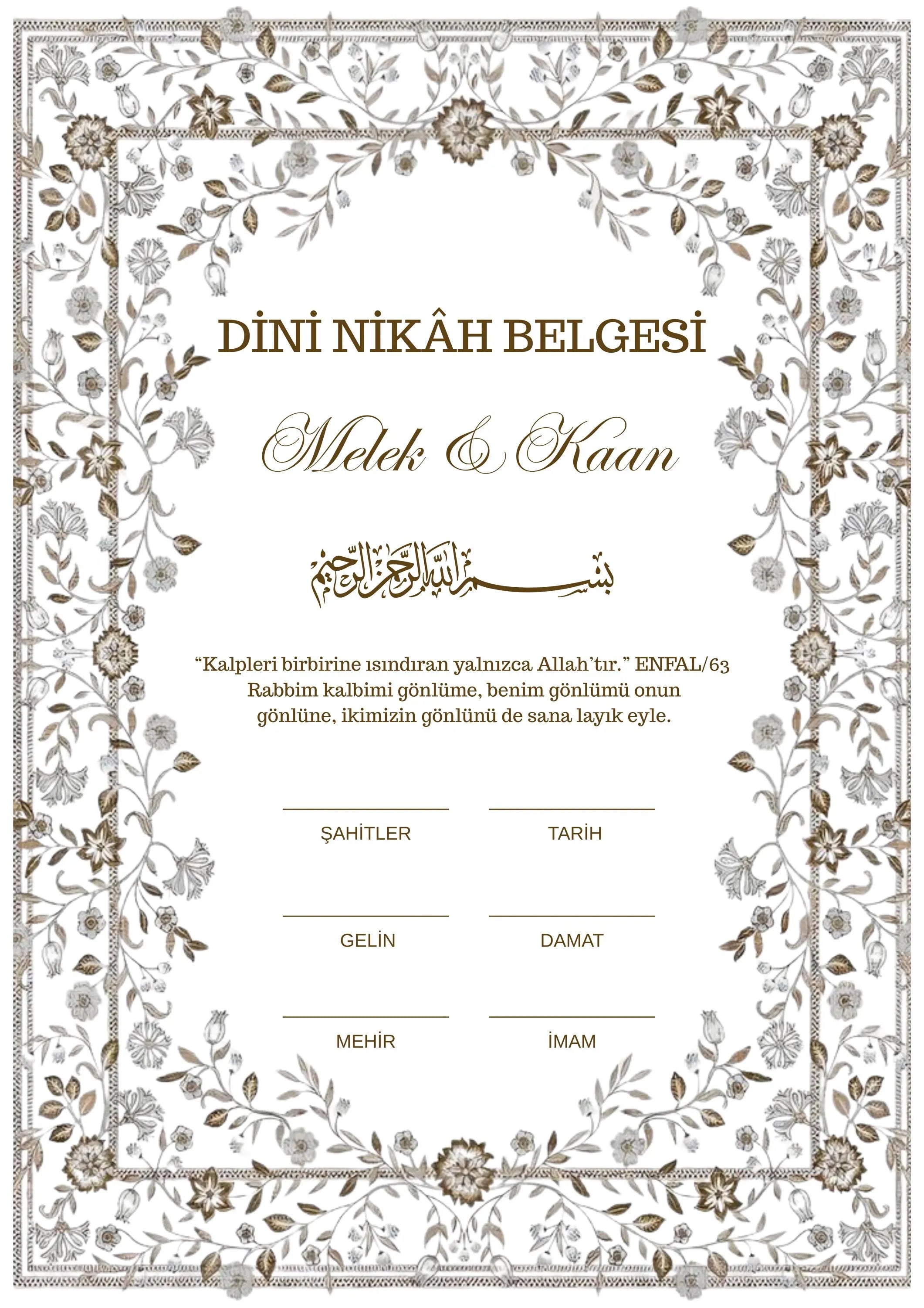 Personalisierte Dini Nikâh Belgesi | Luxus Nikah Zertifikat | Türkische Islamische Heiratsurkude