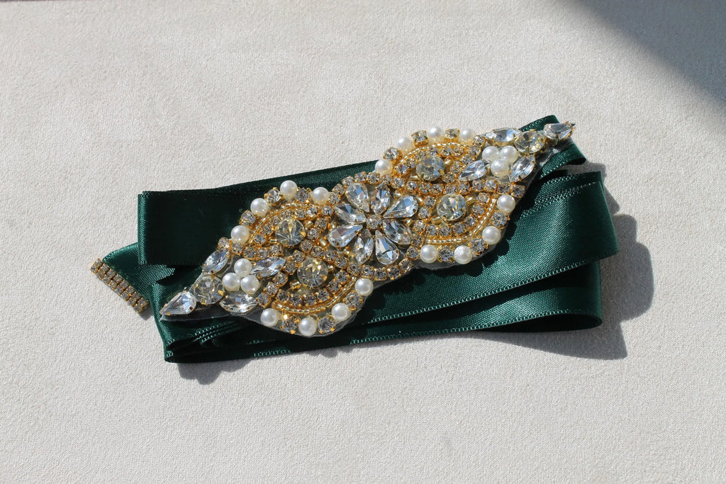 Luxuriöser Afghanischer Brautgürtel | Luxury Afghan Bridal Belt | Handgefertigter Grüner Hochzeitsgürtel | Crystal & Pearl Wedding Belt
