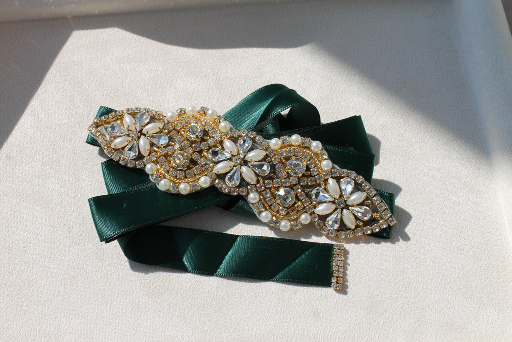 Luxuriöser Afghanischer Brautgürtel | Luxury Afghan Bridal Belt | Handgefertigter Grüner Hochzeitsgürtel | Crystal & Pearl Wedding Belt